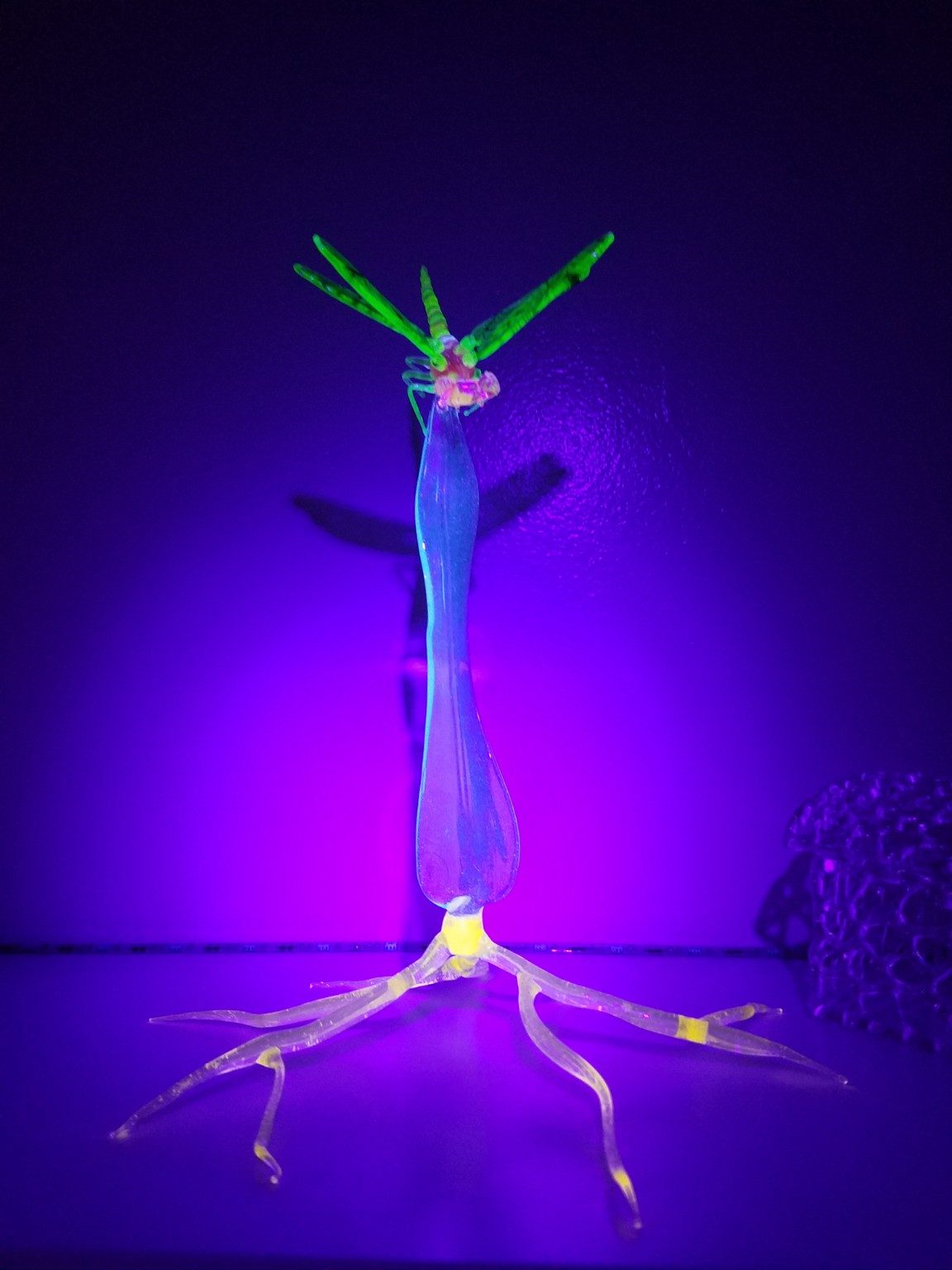 UV reactive borosilicate dragonfly sculpture by Jose Valdes
